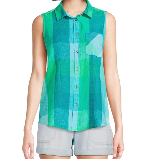 NWT Time and Tru Linen Blend Blue Green Sleeveless Button-Up Henley Top Size Med - Picture 1 of 8